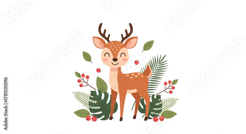 Charming Smiling Fawn Adorned with Lush Foliage and Berries Illustration