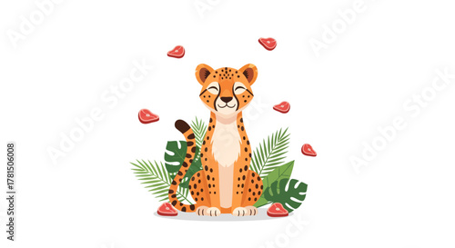 Illustration of a happy cheetah surrounded by jungle leaves and meat slices