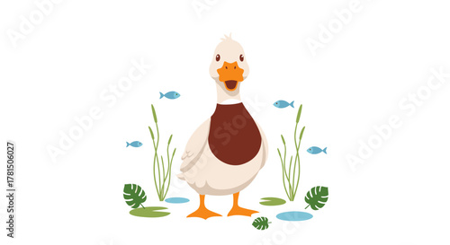 happy cartoon duck standing in a pond with fish, a charming waterfowl