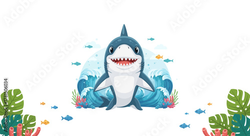 oceanic predator illustration with cartoon shark surrounded by playful marine