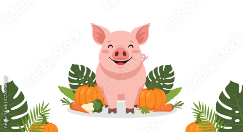 Joyful pink pig cartoon illustration amidst lush green foliage and fresh harvest