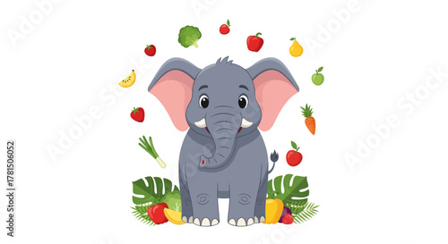 Charming baby elephant surrounded by a joyful abundance of healthy fruits