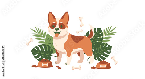 A delightful happy dog with its food and bones surrounded by tropical leaves