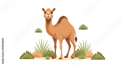 Charming illustrated desert camel standing amidst sparse green foliage in a