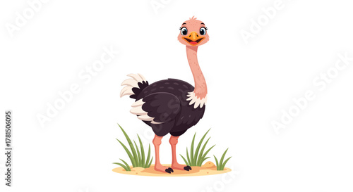 Charming Stylized Ostrich Illustration with Expressive Face Amidst Green Grass