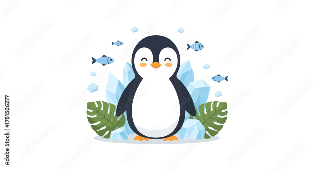 Obraz premium Charming cartoon penguin surrounded by fish and ice in a playful scene