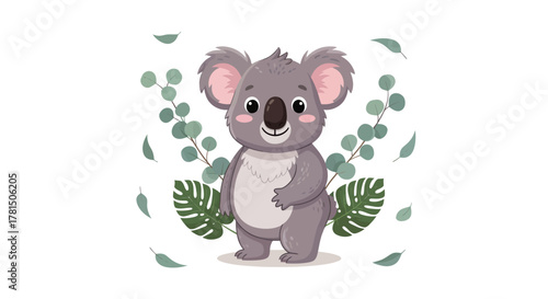 Charming grey koala with a blush and leaves on a plain background