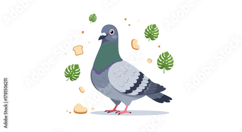 Charming pigeon illustration amidst scattered foliage and breadcrumbs