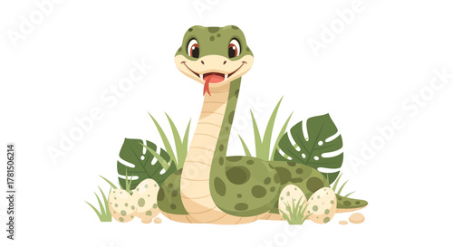 Illustration of a charming green snake with eggs in a lush jungle habitat on