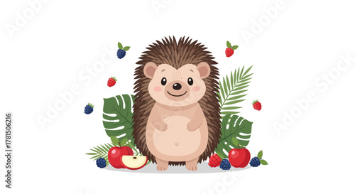 Charming hedgehog character with fresh forest fruits and tropical foliage