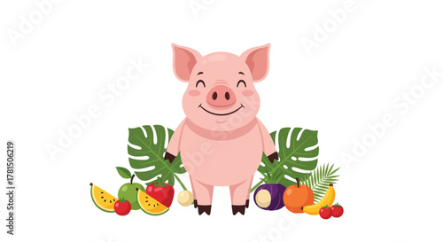 Joyful cartoon pig amidst an array of tropical fruits and green foliage