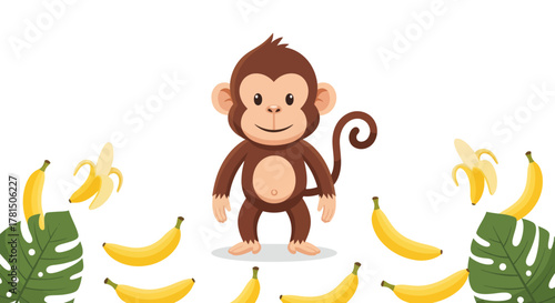 Charming cartoon monkey illustration surrounded by ripe yellow bananas and