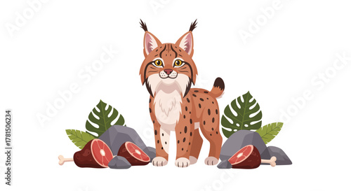 Illustrated Lynx Cat with Meat and Leaves, isolated on White Background