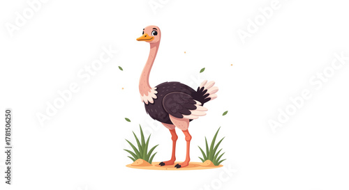 Charming illustration of a cheerful ostrich design on white background with