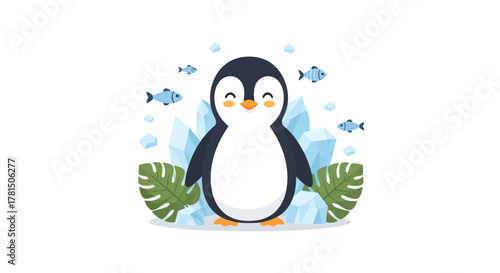 Charming cartoon penguin surrounded by fish and ice in a playful scene