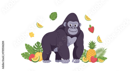 Charming gorilla illustration surrounded by delightful fruit and jungle leaves