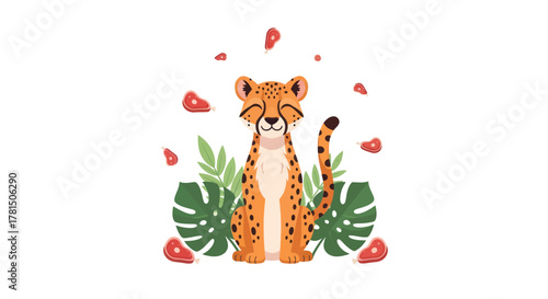 cartoon cheetah in jungle with meat illustration cute smiling wild animal