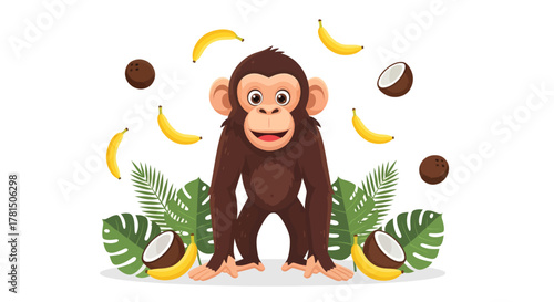 Cute cartoon monkey with tropical fruits and leaves on white backdrop