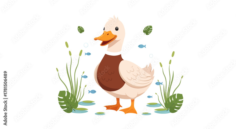 Fototapeta premium Charming illustration of a happy cartoon duck standing amidst water plants