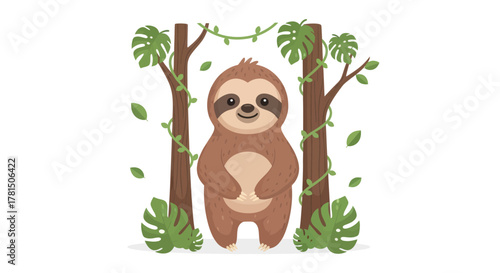 lovable cartoon sloth illustration in a playful jungle environment for kids