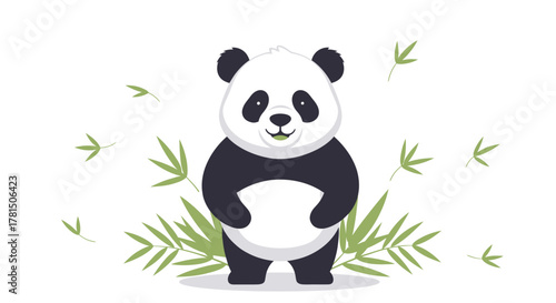 Charming cartoon panda illustration with bamboo leaves on a white background