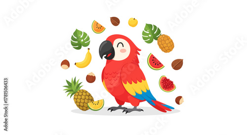 Cute cartoon parrot surrounded by various tropical fruits and leaves