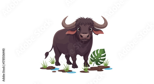 Charming Cartoon Illustration of a Water Buffalo Standing in a Muddy Field