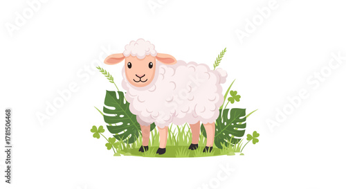 Charming Fluffy Lamb Standing in a Verdant Patch of Greenery and Plants