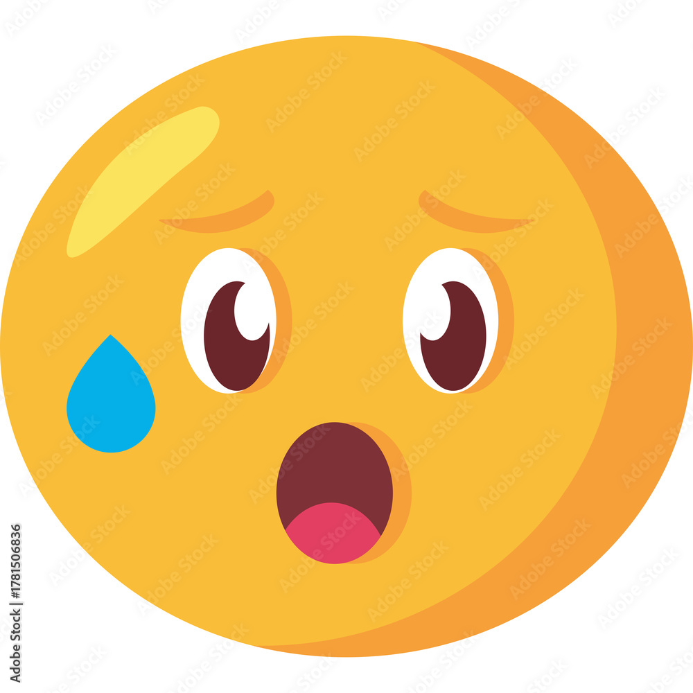 Fototapeta premium Yellow round emoji face with wide eyes open mouth and blue sweat drop on cheek expressing shock and fear against a transparent background
