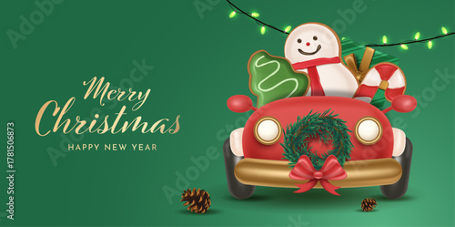 Cute gingerbread man driving decorated car full of Christmas ornamnets and festive wreath in holiday spirit. Christmas Poster Design Vector Illustration 