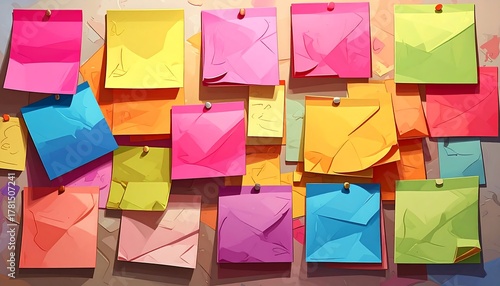 A vibrant artistic depiction showcasing numerous colorful sticky notes affixed to a surface, creating a visually dynamic composition