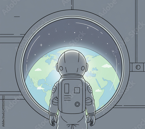 Rear view of a lone astronaut in a futuristic spacesuit contemplating the majestic view of planet Earth from a round spacecraft window