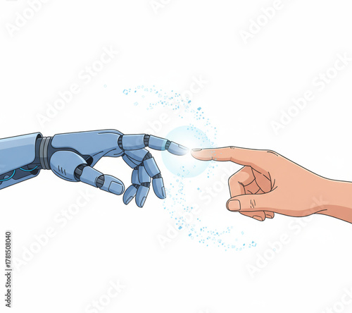 An illustration of human and robot hands touching, a modern digital genesis symbolizing the spark of artificial intelligence