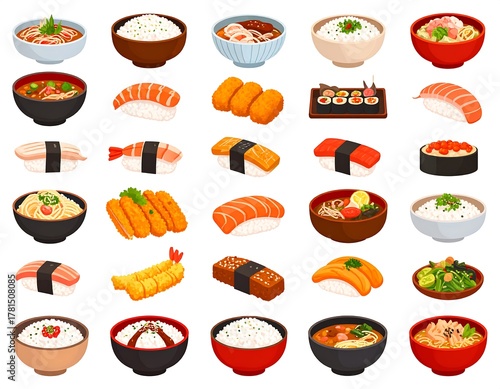 A vibrant assortment of diverse Japanese dishes and sushi arrangements. Depicted are a variety of cooked meals, rice bowls, and nigiri, all presented on a plain white backdrop