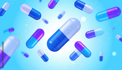 Floating Blue and Purple Capsules on a Bright Blue Background.