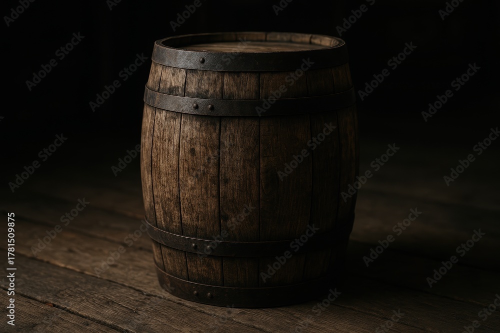 Fototapeta premium Vintage wooden barrel with iron hoops in rustic warehouse light detailed aged texture