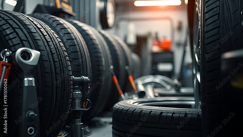 Fototapeta premium Automotive tire service concept with tools, workshop ambient light.