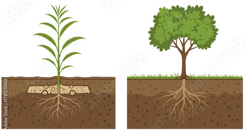Rooted Growth Seedling and Tree Anatomy with Underground Root Systems