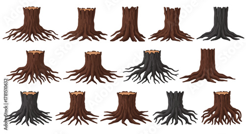 Collection of Tree Stump Illustrations with Exposed Roots in Various Styles