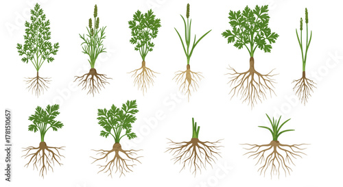 Variety of Plants with Roots A Botanical Illustration