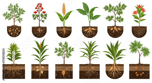 Diverse Plant Roots Displayed in Cutaway Soil Illustration