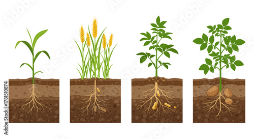 Different stages of plant growth with roots illustration