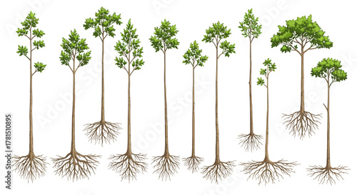 Illustration of Trees with Visible Roots Natural Ecosystems and Soil Health