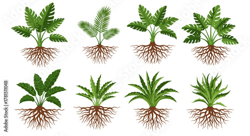 Tropical Plant Roots Collection Ferns and Foliage Vector Art