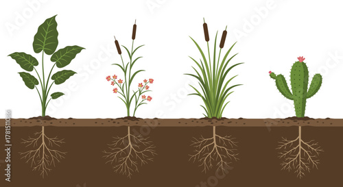 Diverse Plant Life Underground Root Systems Illustration