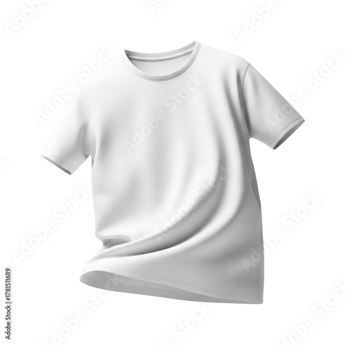 Realistic 3D rendered blank white t-shirt mockup, perfectly isolated on a pristine white background. Ideal for custom branding and apparel design presentations
