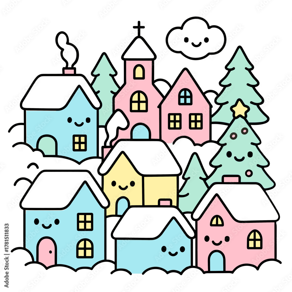 Fototapeta premium Cute kawaii snowy town in Christmas style with colorful houses and trees