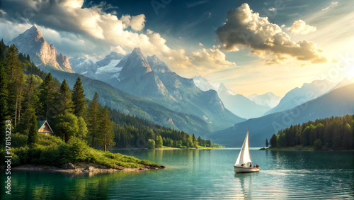 Fantasy landscape with mountainous terrain and calm lake under warm sun and vibrant clouds