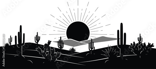 Monochrome illustration of a desert landscape with cacti, mountains, and a setting sun