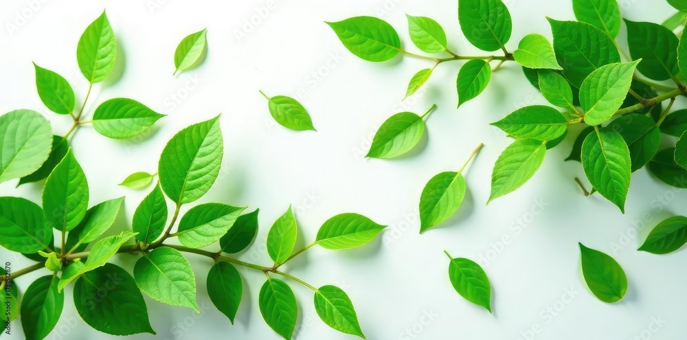 Fototapeta premium dense green leaves scattered on white surface, nature, plant life, green foliage